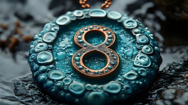 A blue and gold number 8 is floating in water