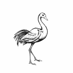 Naklejka premium Elegant Crane Illustration: A graceful crane, meticulously rendered in a minimalist black and white illustration, stands tall with its neck outstretched, conveying a sense of peace and tranquility.