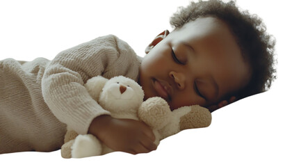 A sleeping child cuddling a teddy bear, exuding warmth and innocence.