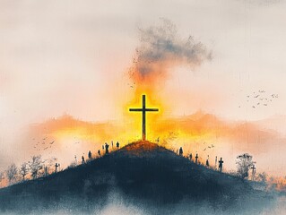 Obraz premium Sunrise over a hill with a glowing cross spiritual symbolism serene environment inspirational viewpoint