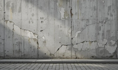 A weathered concrete wall with cracks and a sidewalk in front.
