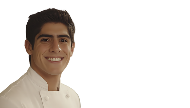 A smiling chef in a white uniform, conveying warmth and professionalism.