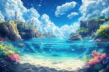 Coastal Cityscape Fantasy Scene With Underwater Reef