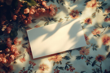 Obraz premium Blank card resting on a floral fabric in soft sunlight. Perfect for your message!