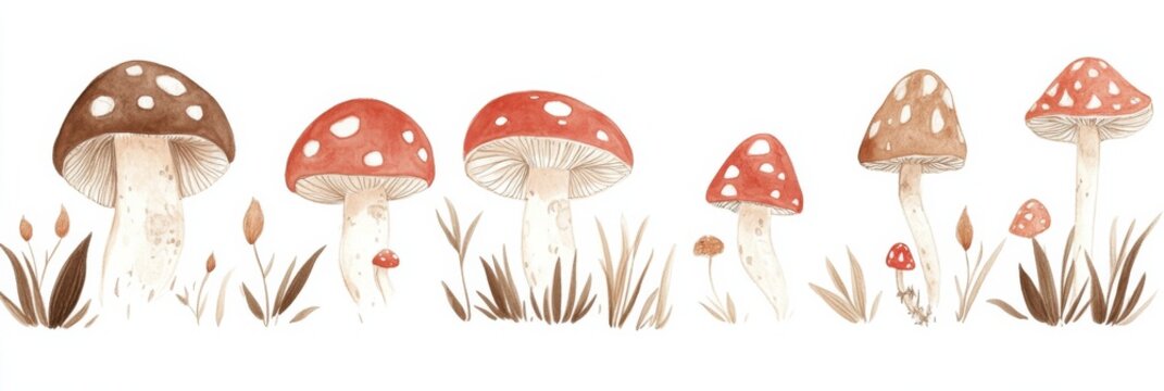 Whimsical collection of red and brown mushrooms in nature