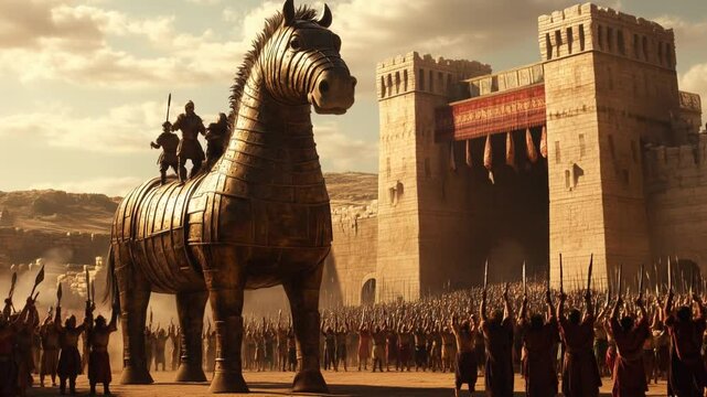 Wooden horse dragged toward Troy gates, warriors accompanying, jubilant crowd witnessing legendary military strategy