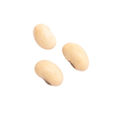  Three raw soybeans arranged on a white background. A simple and natural representation of healthy legumes.