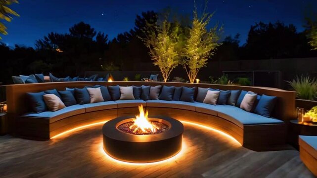 A wooden or composite deck featuring an integrated lounge area with plush seating and a central fire pit for nighttime gatherings, 4k High-Quality Luxury Wallpaper Background Animation Video