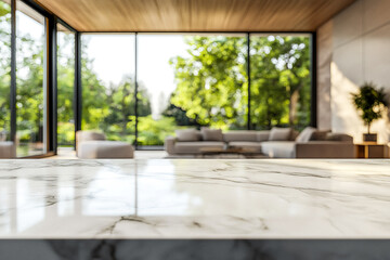 Spacious Marble Counter with Table and Blurred Living Room Background  