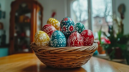 Painted Easter eggs in basket on table, home interior background.