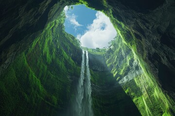Waterfall inside the cave , indonesian nature background, wide angle shot, high resolution photography, stunning realism, green mossy wall, blue sky with white clouds, waterfalls flowing 