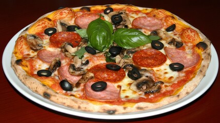 Delicious Pizza Topped With Pepperoni Mushrooms And Olives