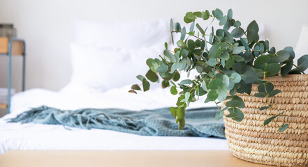 Basket with green eucalyptus branches on bench in bedroom