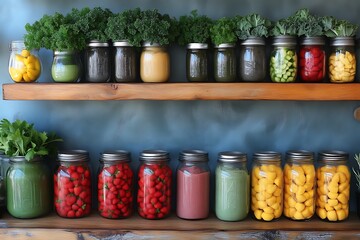 Colorful food in mason jars on wooden shelves.