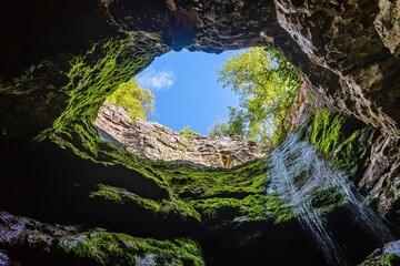 Obraz premium Waterfall view seen from inside the cave, green moss covered rock wall, blue sky in background, breathtaking landscape, wide angle lens, national geographic photography