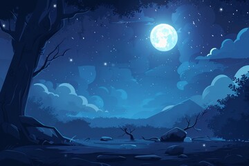 A Tranquil Nighttime Landscape with a Large Full Moon and Distant Mountains