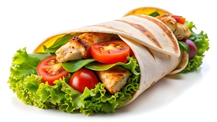 The image showcases a healthy fast food meal featuring a chicken wrap, grilled tortilla, fresh lettuce, and tomatoes, with vibrant colors and crisp details.