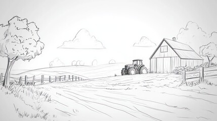 Sketch of a Farm Scene with Tractor and Barn