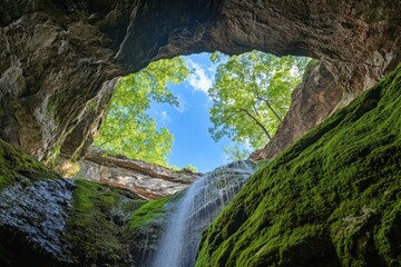 Obraz premium Waterfall view seen from inside the cave, green moss covered rock wall, blue sky in background, breathtaking landscape, wide angle lens, national geographic photography