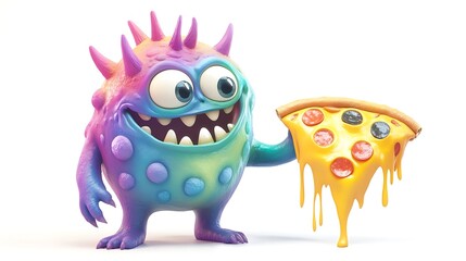 Naklejka premium Playful monster enjoying pizza fantasy world 3d animation whimsical