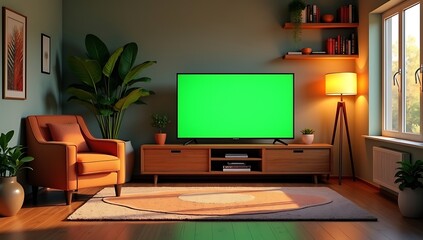 Naklejka premium Cozy Living Room with Green Screen TV, Warm Lighting, and Natural Ambiance 
