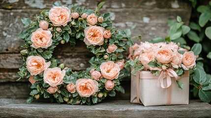 Peach rose wreath and gift box on rustic bench by wooden wall.