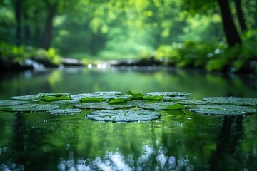 Fototapeta premium lush green leaves mirrored in a serene pond surrounded by tranquil natural scenery creating a peaceful atmosphere perfect for reflection and relaxation amidst natures beauty
