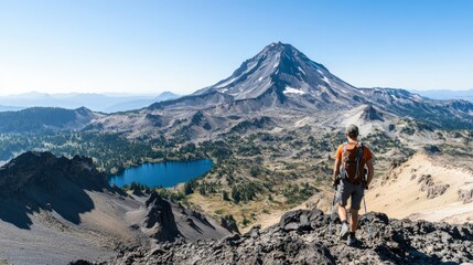 Hiker admires majestic mountain lake and peak view