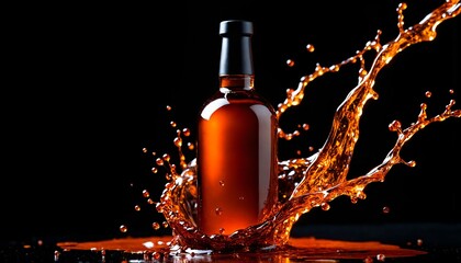 Elegant Whiskey Bottle Surrounded by Dynamic Amber Liquid Splash on a Dramatic Black Background