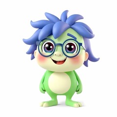 Naklejka premium Cute Cartoon Monster with Glasses: A cheerful green monster character with blue hair and glasses. This adorable 3D illustration is perfect for children's books, educational materials.