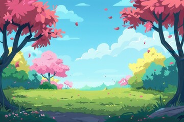 Lush Green Meadow with Pink and Yellow Trees Under a Blue Sky