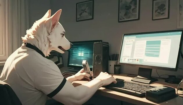 컴퓨터로 작업을 하고 있는 몸 좋은 강아지