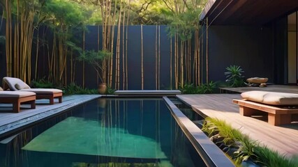A serene reflective pool paired with a Zen-inspired deck, complete with stone pathways, bamboo accents, and minimalist seating, 4k High-Quality Luxury Wallpaper Background Animation Video