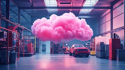 Pink cloud above red car in futuristic factory.