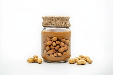 Creamy peanut butter in a jar with peanuts on a white background.