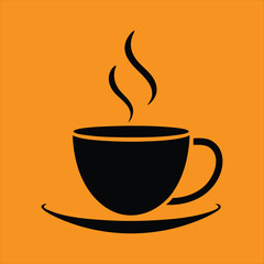 a black silhouette of a coffee cup with steam rising from it, placed on a saucer, against a bright orange background.