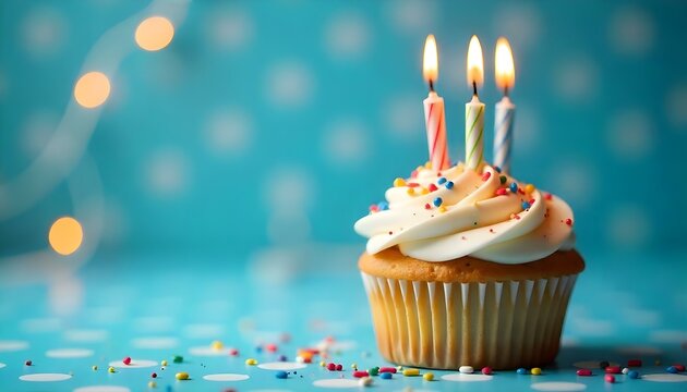 birthday cupcake with 3 candles on blured blue background with big empty copyspace