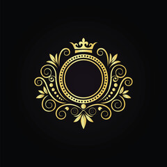 Ornate circular emblem with intricate gold floral motifs and crown on a luxurious black background  

