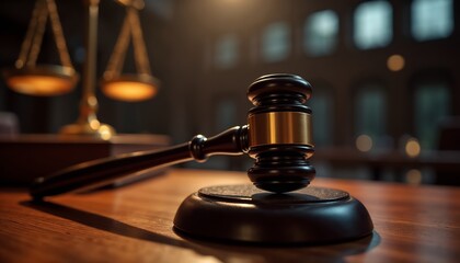 Judge’s gavel on a wooden desk with scales of justice in background