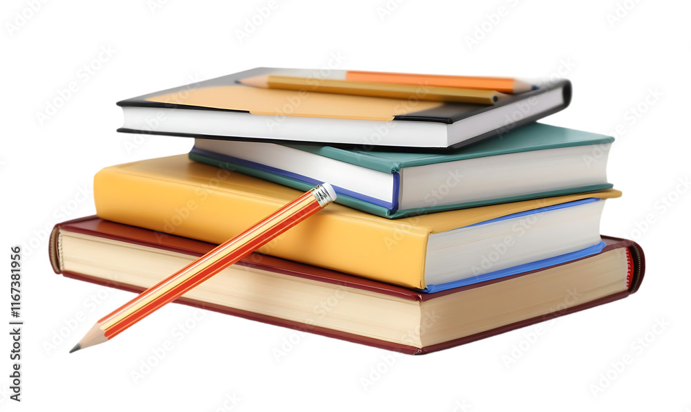 Poster a stack of colorful books with a pencil on top, symbolizing study and learning.