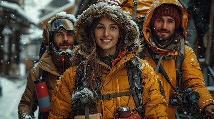 4 friends 2 men 2 girl portrait photography of a 2 female models + 2 man 30 years old in an apartment covered with snow, smile, happy, wearing ski jackets, big Christmas boxes presents