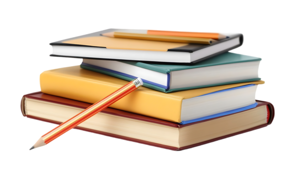 A stack of colorful books with a pencil on top, symbolizing study and learning.