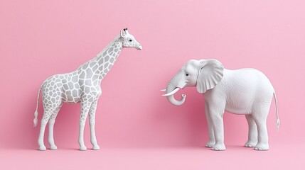 White giraffe and elephant on pink background.