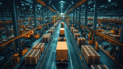 Fototapeta premium Modern warehouse with goods and trucks.