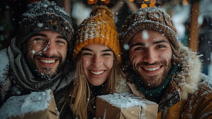 4 friends 2 men 2 girl portrait photography of a 2 female models + 2 man 30 years old in an apartment covered with snow, smile, happy, wearing ski jackets, big Christmas boxes presents