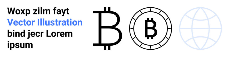 Bitcoin symbol, Bitcoin coin icon, and grid globe. Ideal for cryptocurrency, finance, technology, digital currency, blockchain, investment, global economy. Landing page
