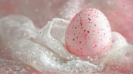 Fototapeta premium Pink speckled egg resting on white fabric, with a blurred pink backdrop.