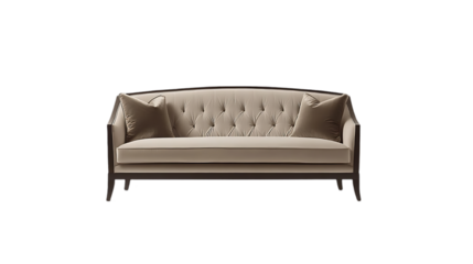 A stylish beige sofa with tufted upholstery and two decorative pillows.