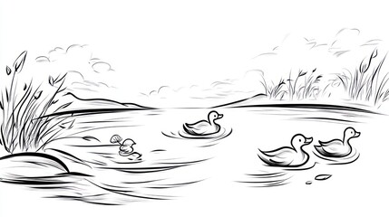 Fototapeta premium Ducks Swimming Calmly on a Serene Lake Landscape