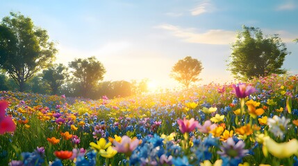 A vibrant field of flowers under a sunny sky, radiating warmth and beauty.